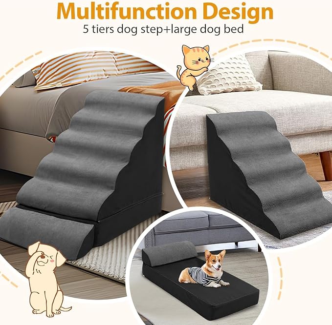 A.FATI Dog Stairs 30 Inches High for 30-36 Inch High Bed, 6-Tier 3-in-1 Foam Pet Steps with Non-Slip Bottom, Detachable Washable Cover, Dog Ramp for Small Old Short-Legged Dogs Up to 50 Lbs