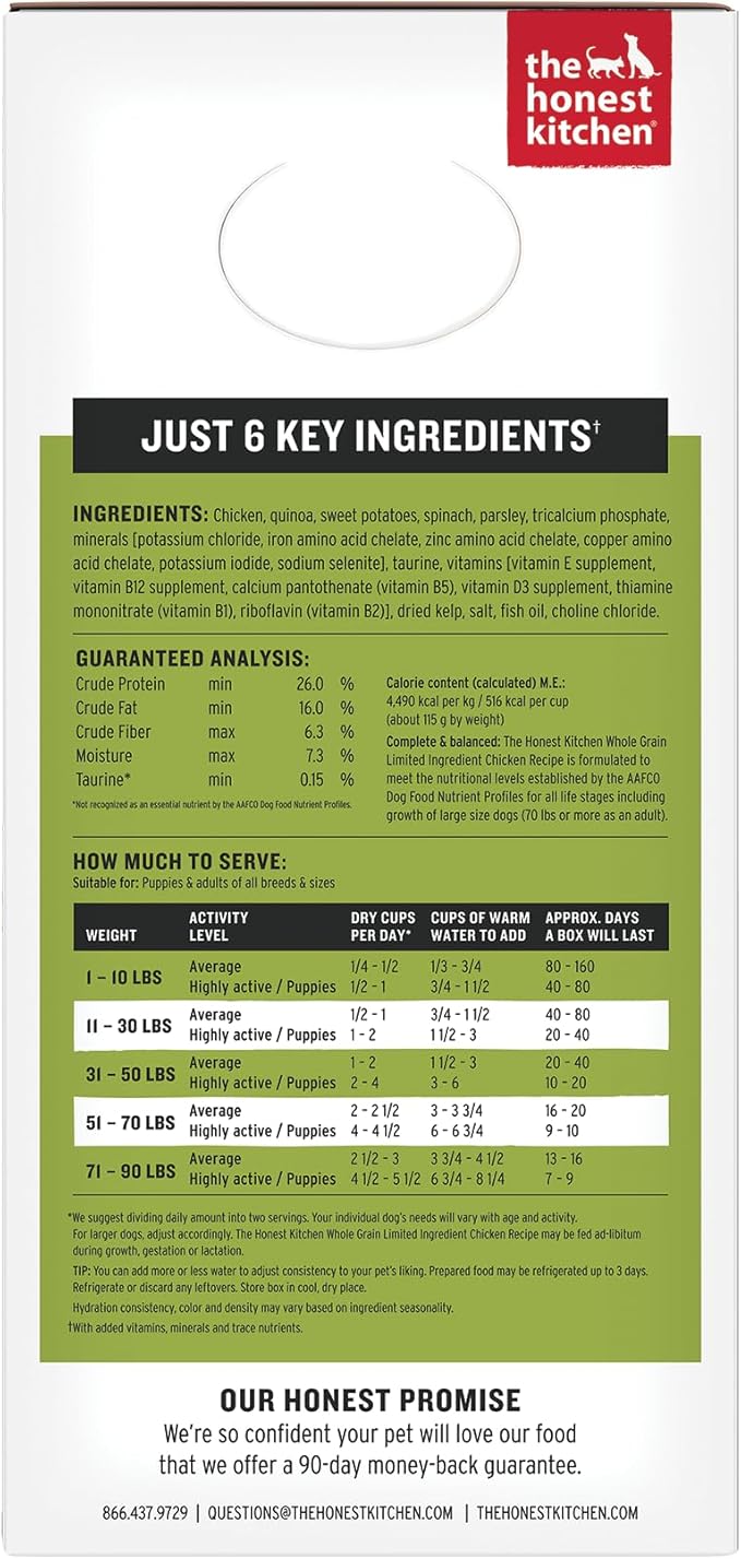 The Honest Kitchen Human Grade Wholemade™ Dehydrated Dog Food, Limited Ingredient Dog Food, Chicken, 10 lb (makes 40lbs)