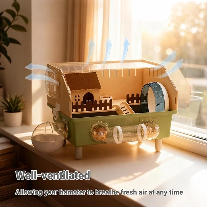 Small Animal Houses & Habitats, Hamster Cage for Dwarf Mouse, Complete Acrylic Small Animal Starter Kit with Accessories, Easy Clean Transparent Pet Cage for Hamsters Gerbils (Green)