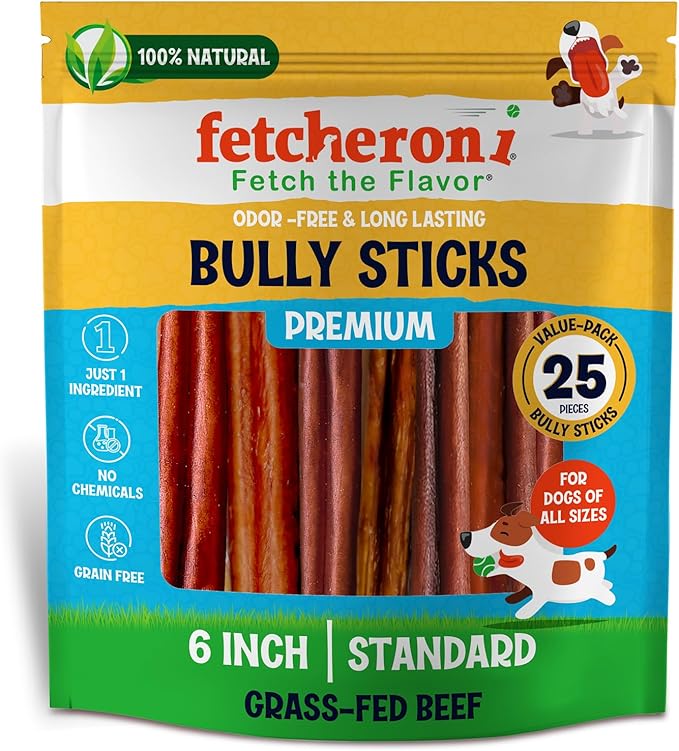 Bully Sticks for Puppies - Odor-Free Bully Sticks (6 Inch, 25 Pack), 1 lb. Bag, Fully Digestible 100% Beef Pizzle Chews, Grass-Fed, Non-GMO, Grain-Free,