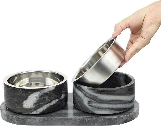 DBL1000D Marbre Small/Medium Modern Weighted Double Marble and Stainless Steel Bowl 12oz (1.5 Cups) Feeder with Non-Slip Marble Tray Set, Black/White