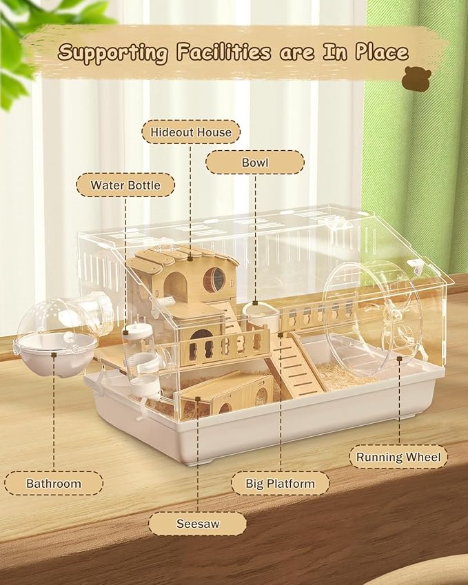 8-in-1 Acrylic Hamster Cage: 2-Layer, Clear Panels, Top-Opening, Full Accessories for Pet Mice, Hamster House for Dwarf Hamsters & Gerbils – 18.5"x11.8"x11.8"