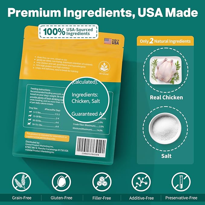 Dog Chicken Chips Treat - 6 oz, 100% Natural Ingredient Made in USA, High Protein Low Calorie Pet Training Chew Jerky Dried Food, Healthy Pet Supplies for Medium, Large Breeds & Puppy