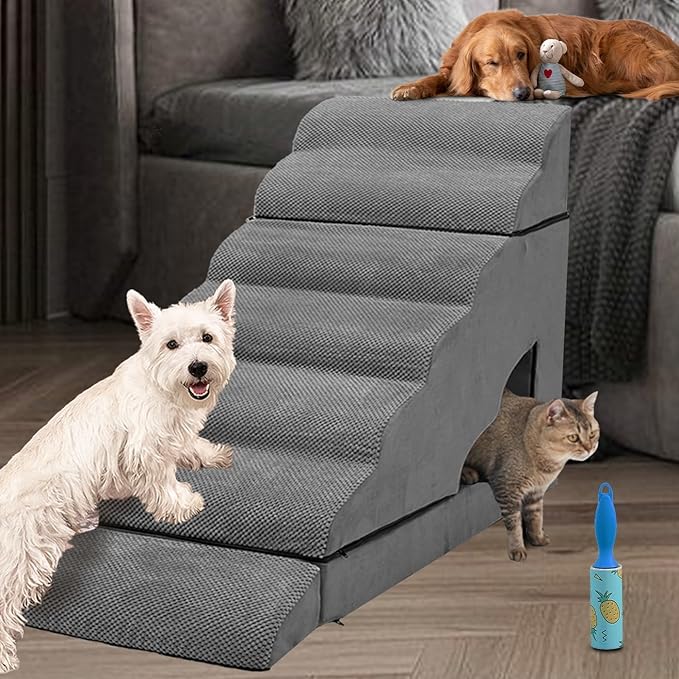 33" H Dog Stairs for High Beds 20-42 Inch Couch Bed, 7-Step Pet Stairs for Small Old Medium Large Dogs, Extra Wide Dog Ramp with Machine Washable Cover Indoor, 33D Foam Balanced 7-Tier Ladder for Bed