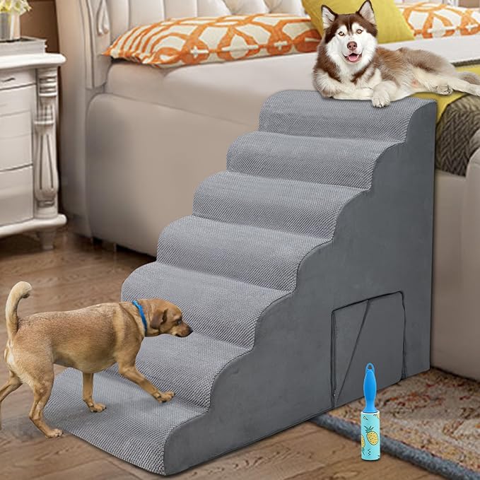 7-Step Dog Stairs for High Bed 30-36" H, Dog Steps for High Bed Couch, Pet Steps for Small, Older Pets, Non-Slip Balanced Pet Ramp Indoor, Grey