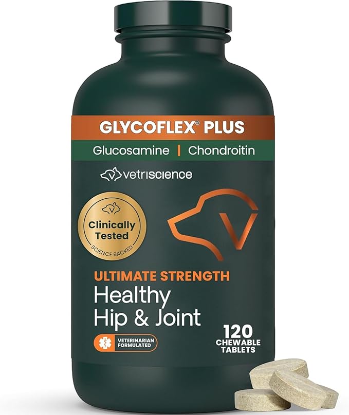VetriScience Ultimate Strength Healthy Hip & Joint Chewable Tablets, GlycoFlex Glucosamine, Chondroitin and Green-Lipped Mussel Joint Supplement for Dogs, Soothe Joint Discomfort, Chicken, 120 Count