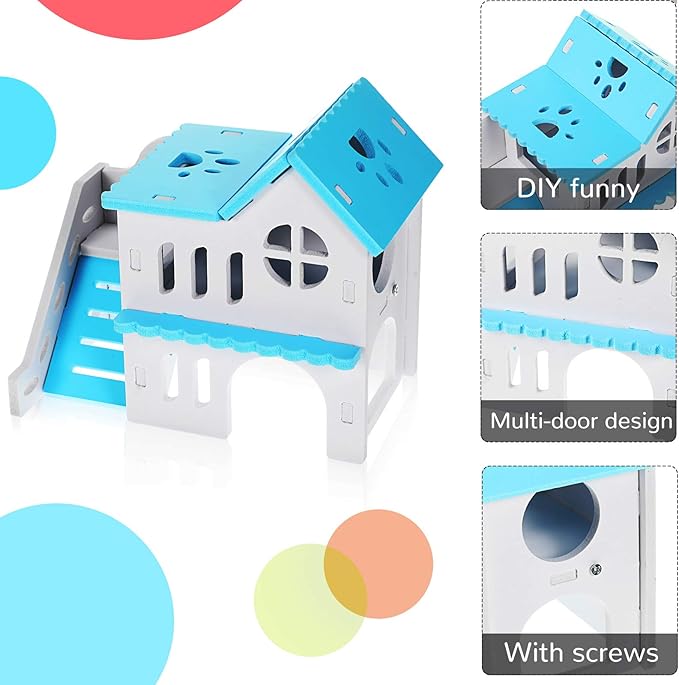 Skylety 5 Pcs Hamster Toys Include Wooden Accessories Hamster House Guinea Pig Hideout Rainbow Bridge Seesaw Swing Exercise Circle Cage Toy for Small Animals(6.3 x 3.93 x 5.5 Inch,Blue)