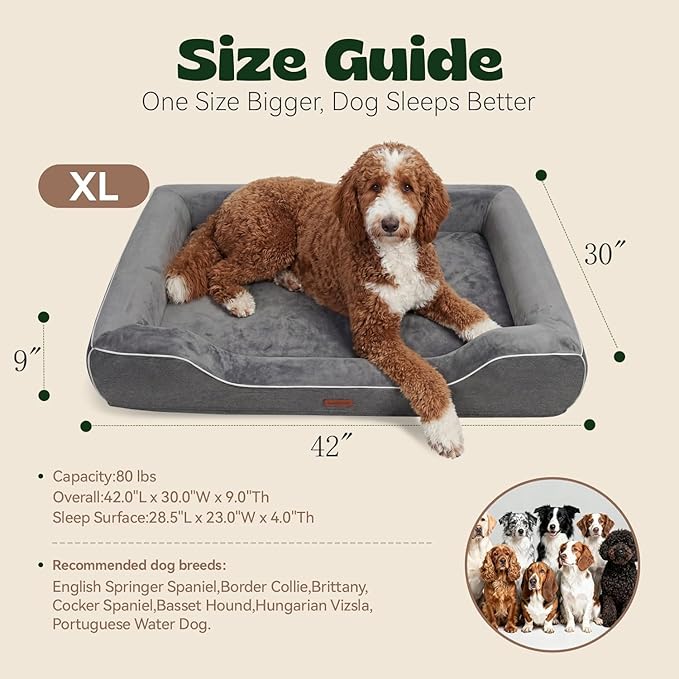 Orthopedic Dog Bed for Large Dogs,Cooling Gel & Egg Crate Foam,Waterproof Removable Washable Cover,Bolster Couch Bed for Big Breed Senior Pets,Dark Grey, 42.0"X30.0"X9.0"