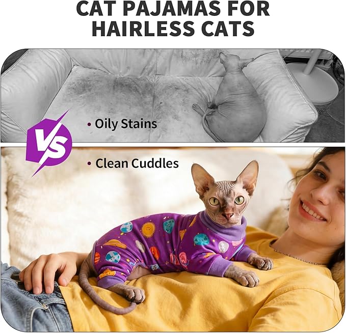 Sticky Hair Cat Clothes, Anti-Shedding Cat Pajamas, Post-Surgery Recovery Onesie, Soft Breathable, Prevents Licking & Scratching Wounds, Warm Cats Sweater, Sphynx Cats Clothing- Purple XL