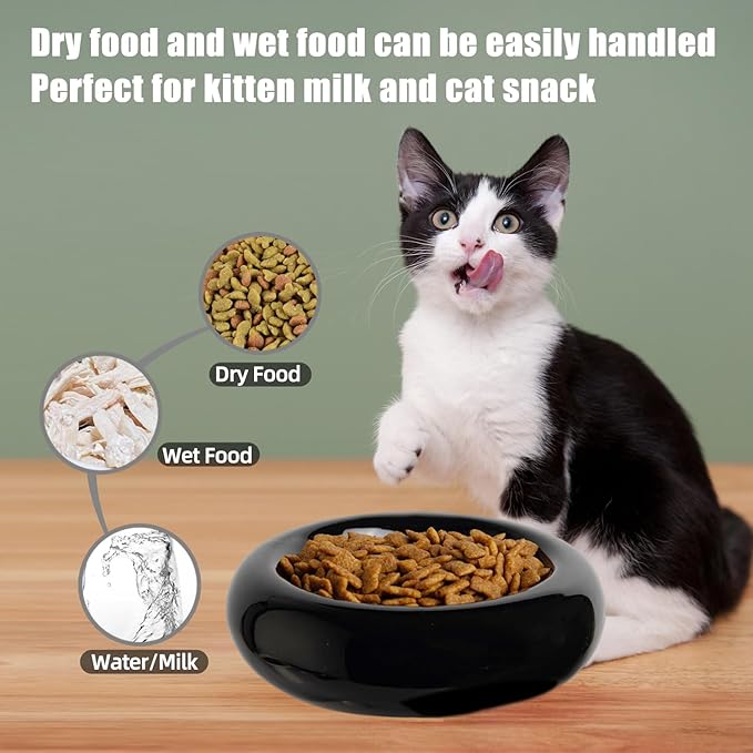 6.1 Inch Cat Bowls, 7 oz Ceramic Cat Food Bowl, Whisker Fatigue Relief Cat Bowl, Anti-Vomiting, Protect Spine, Perfect for Indoor Cats(Black)