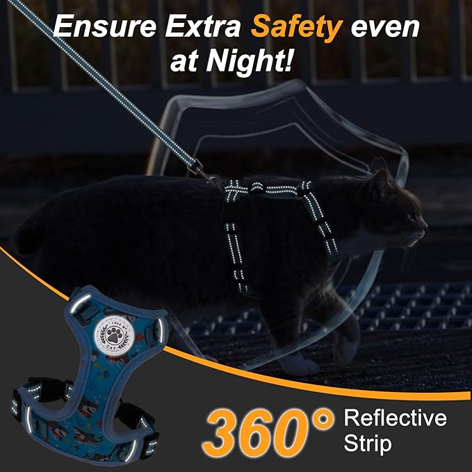 BEAUTYZOO Cat Harness, Escape Proof Cat Leash and Harness Set for Walking, Soft Breathable Vest Harness with Neck Adjustable, Reflective Easy-Control Kitten Harness for Cats,Shark-Blue S