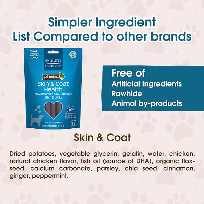 Get Naked Grain Free 1 Pouch 6.2 Oz Skin & Coat Dental Chew Sticks, Small