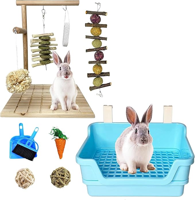 Kathson Bunny Chew Toys for Teeth Grinding, Rabbit Wooden Scratch Board and Blue Extra Large Rabbit Litter Box Trainer
