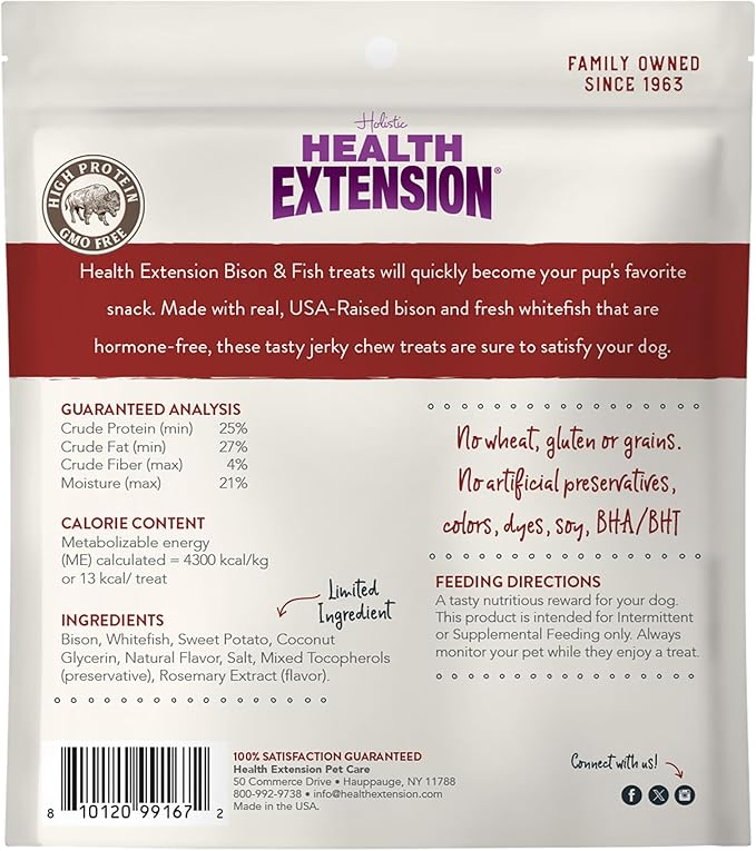 Health Extension Bison & Fish Dehydrated Jerky Dog Treats – 4 oz – Protein-Rich, Grain-Free, Made in USA – Limited Ingredients for Sensitive Dogs & Training Rewards