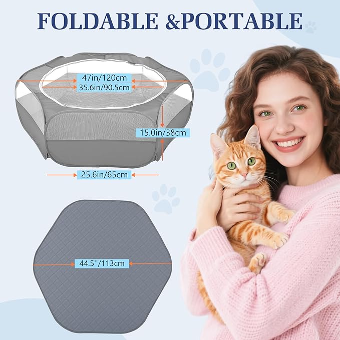 2-in-1 Small Animals Playpen with Pad, Waterproof Small Pet Cage Tent with Reusable Pad, Portable Outdoor Yard Fence with 3 Metal Rod for Chick/Kitten/Puppy/Guinea Pig/Rabbits/Chinchillas, Gray+Gray