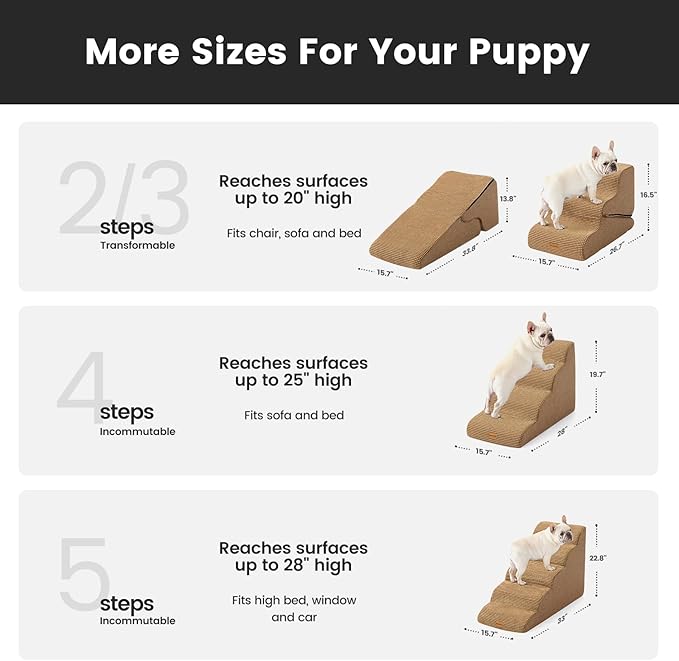 Gardner Pet Dog Stairs for Small Dogs 22.8" H, 5-Step Brown Curved Pet Stairs, Dog Steps for High Bed, Couch (24-30 in) with Durable Non-Slip Waterproof Fabric Cover and CertiPUR-US Certified Foam