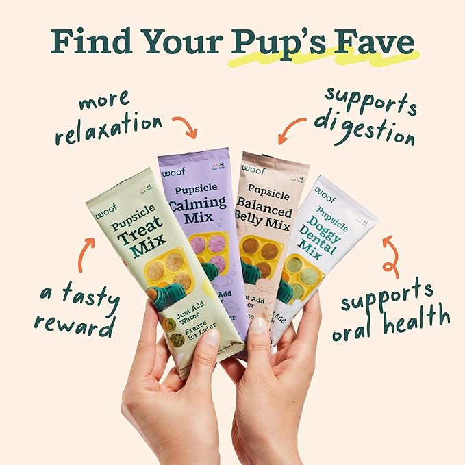 WOOF Pupsicle Mix Sample Pack - Easy-to-Make DIY Pupsicle Refills - Delicious Mix for The Pupsicle Interactive Dog Toy - with Bacon & Cheese, Calming, Balanced Belly, and Dental Mix - 4 Pack Sampler