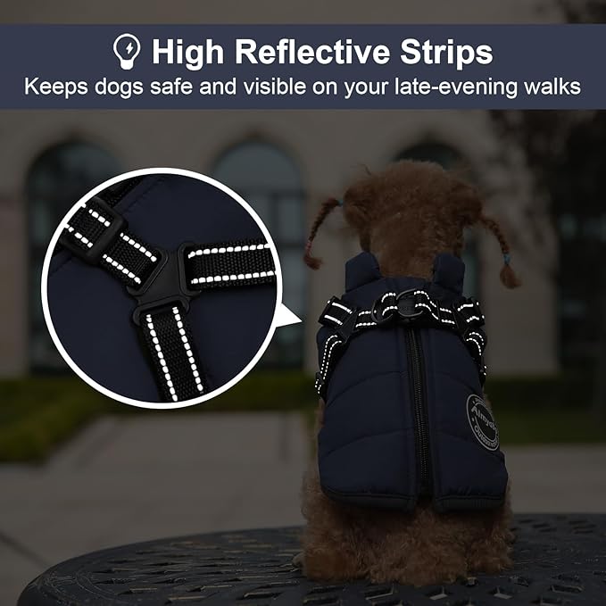 Warm Dog Winter Coat, Dog Cold Weather Jacket with Built-in Harness, Reflective & Adjustable Comfortable Pet Vest, Windproof Apparel for Small Medium Large Dogs (Navy)