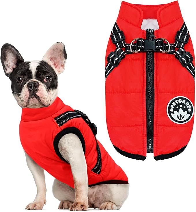 PETCARE Winter Dog Coat with Harness Built in Waterproof Dog Jackets Warm Pet Fleece Vest Windproof Snow Jacket Snowsuit Reflective Dogs Cold Weather Coats for Puppy Small Medium Large Dogs Cats