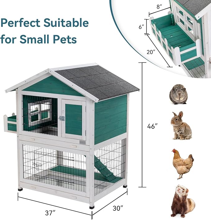 Petsfit 2 Story Rabbit Hutch with Trays Outdoor Weatherproof, Bunny Cage with Openable Roof
