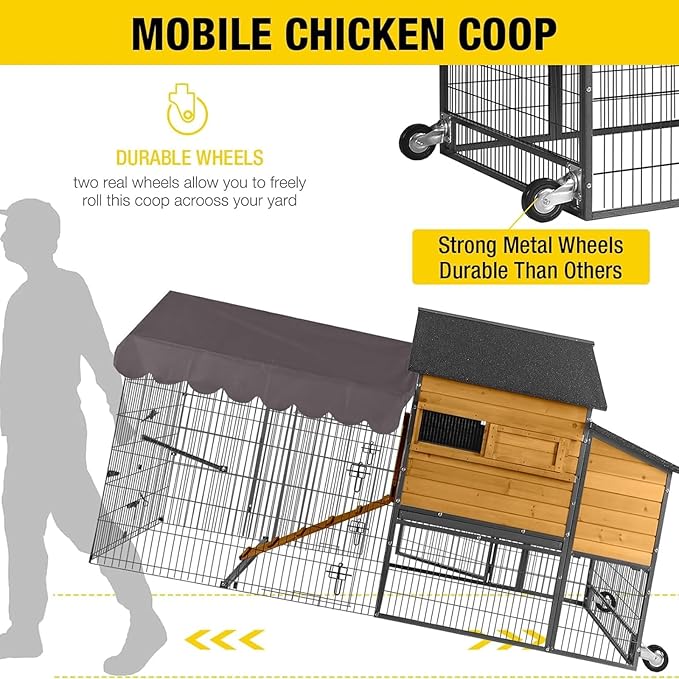 Chicken Coop All-Iron Frame Large Hen House Mobile Poultry Cage with Nesting Box,Metal Run,Waterproof Rain Cover Duck Coop, 85"