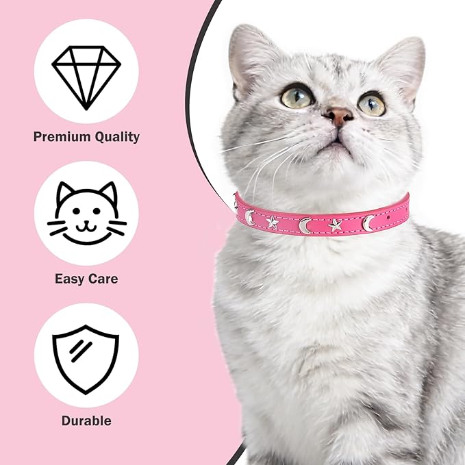 Leather Cat Collars for Boy Girl Cats with Bell and Safety Elastic Belt, Personalized Star and Moon Stud Adjustable Safe Buckle Collar for Kitty Small Big Cats Size 8-12 Inch, Rose
