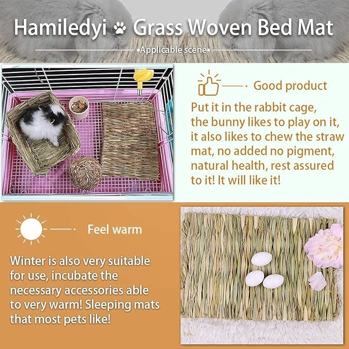 Hamiledyi Rabbit Grass Mat 4PCS Large Woven Bed Mat for Small Animal Bunny Bedding Nest Chew Toy Bed Play Toy for Guinea Pig Parrot Rabbit Bunny Hamster Rat