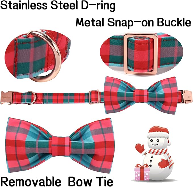 Unique Style Paws Christmas Dog Collar with Bow Red Green Grid Cotton Puppy Collars for Small Medium Large Dogs
