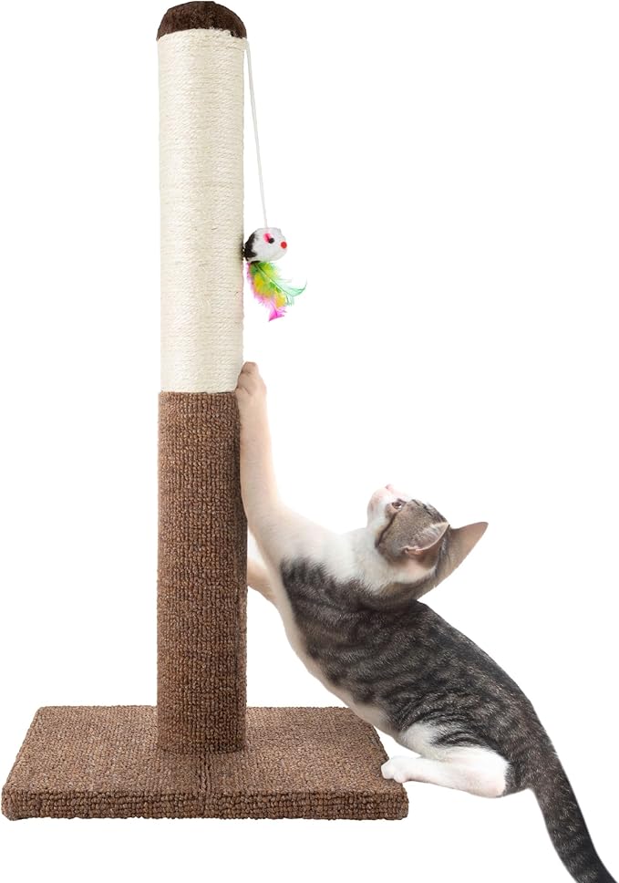 PETMAKER 24.5 inch sisal rope cat scratching post with hanging mouse toy
