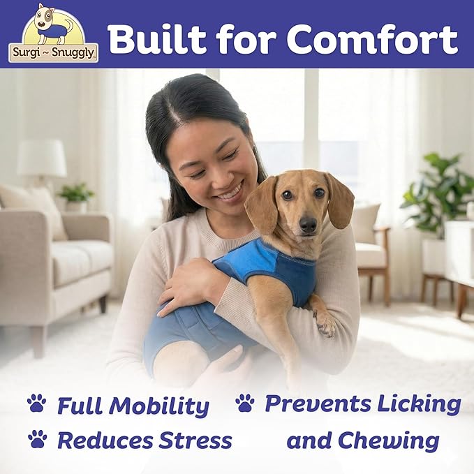 Surgi Snuggly Dog Surgery Recovery Suit - Dog Onesie for Post Surgery Recovery, Female Spay & Male Neuter - Surgical Suit for Dogs, E-Collar Cone Alternative, Double Blue - Small Long - 12" - 15" (EC)