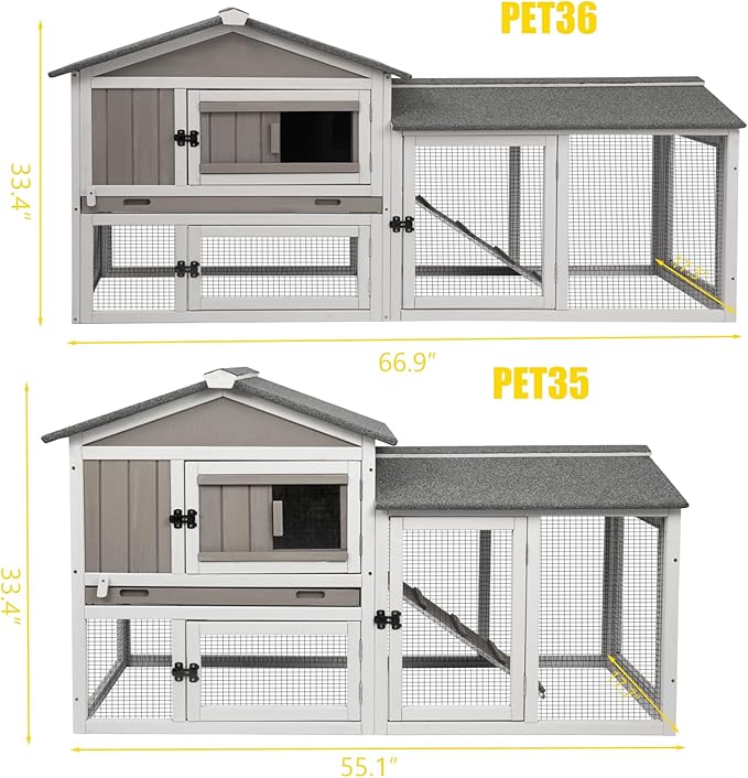 PetsCosset 57" L Rabbit Hutch Indoor and Outdoor 2-Story Rabbit Cage with Pull Out Tray,Fir Wood Guinea Pig Cages with Wooden Ramp,Waterproof Bunny Cage Indoor Bunny Hutch with Waterproof Roof,Grey