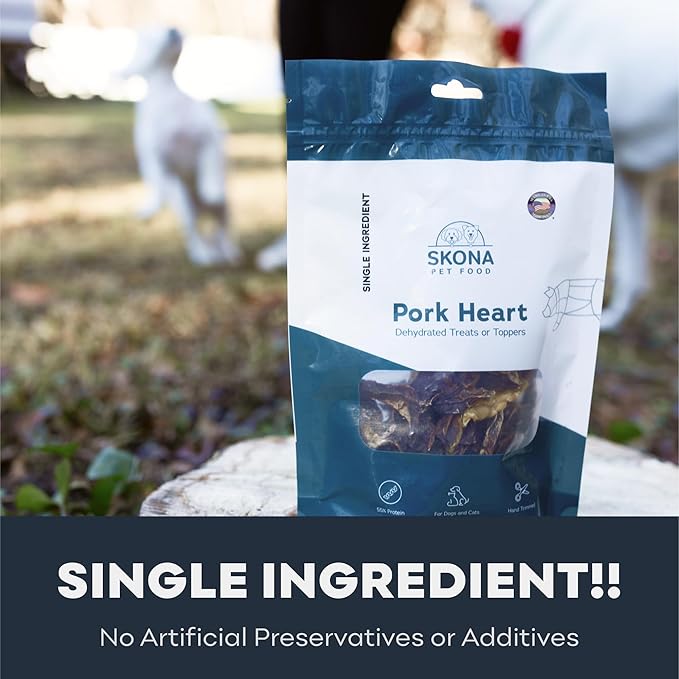 Skona PetFood Premium Chewy Dehydrated Pork Heart Jerky for Dogs & Cats, 1 lb of Pork Heart Dehydrated to 4 oz, Single Ingredient High Taurine Training Treat, Supports Heart Health & Muscle Repair