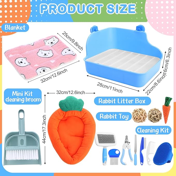 Abbylike 22 Pcs Rabbit Starter Kit with Cage, Rabbit Grooming Kit Bunny Cage Set with Bed, Litter Box, Water Bottle, Feeders, Toys, Grooming Cleaning Supplies for Indoor Rabbits Small Pets(Blue)