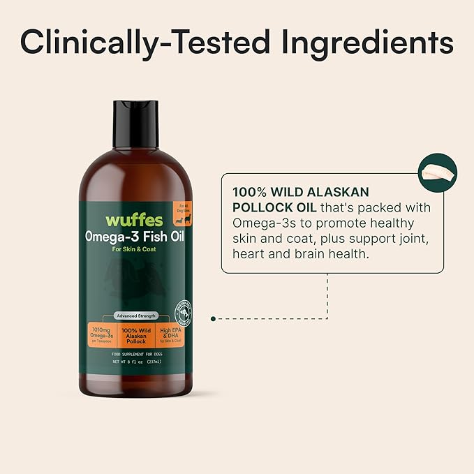Wuffes Advanced Omega 3 Fish Oil for Dogs, Natural EPA & DHA Fatty Acids, Supports Healthy Skin and Coat, Joint Nutrition, Digestion & Immune System - 100% Pure Wild Alaskan Fish Oil - 8 Oz