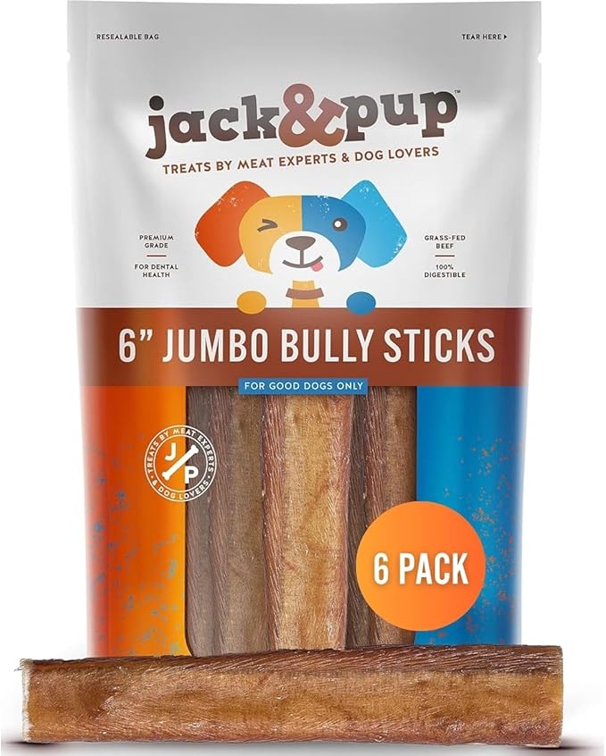 Jack&Pup 6-inch Jumbo Bully Sticks (6 Pack) Single Ingredient, Extra Thick Pizzle Sticks for Dogs | Longest Lasting Bully Sticks for Medium to Large Dogs