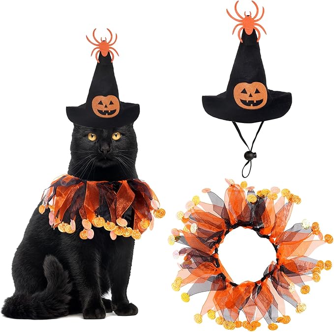 2 Pcs Cat Halloween Witch Costume Suit - Pet Witch Pumpkin Hat and Tutu Collar, Cute Cat Outfit for Cats and Small Dogs
