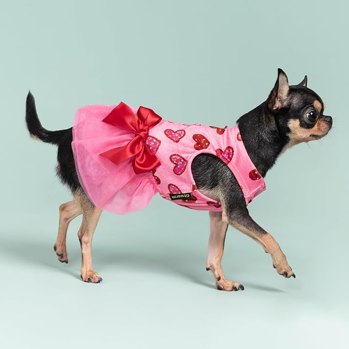 Fitwarm Pink Heart Tulle Dog Dress, Fancy Valentines Outfit for Small Dogs Girl, Festive Pet Clothes, Pink, Red, XXS