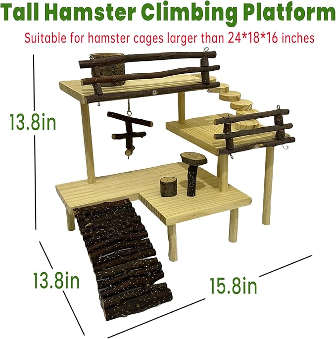 3-Tier Extra Large Wooden Hamster Playground Hamster Climbing Toys Gerbil Platform Small Animals Exercise Activity Set with Ladder for Dwarf Hamsters Mouse Gerbils Rats