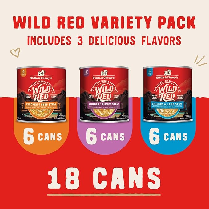Stella & Chewy's Wild Red Wet Dog Food - Large Variety Pack 3 Flavors - High Protein Grain-Free Stews with 96% Animal Protein - Perfect for Picky Eaters, 10 oz, Pack of 18