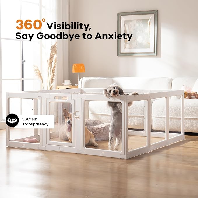 Clear Acrylic Dog Playpen Indoor, Puppy Cat Small Pet Play Pen, Pet Cat Playpen for Rabbits, Dog Fence Crate Kennel Whelping Cage (30", White, 10 Panel)
