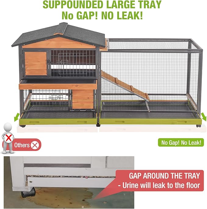 GUTINNEEN Rabbit Hutch with All Around Metal Frame, Ramp, Large Mobile Bunny Cage with 6 Wheels, 2 Story Wooden Cage for Rabbits, Guinea Pigs, and Chickens, Outdoor/Indoor Use, 62"L x 22.6"W x 33.5"H