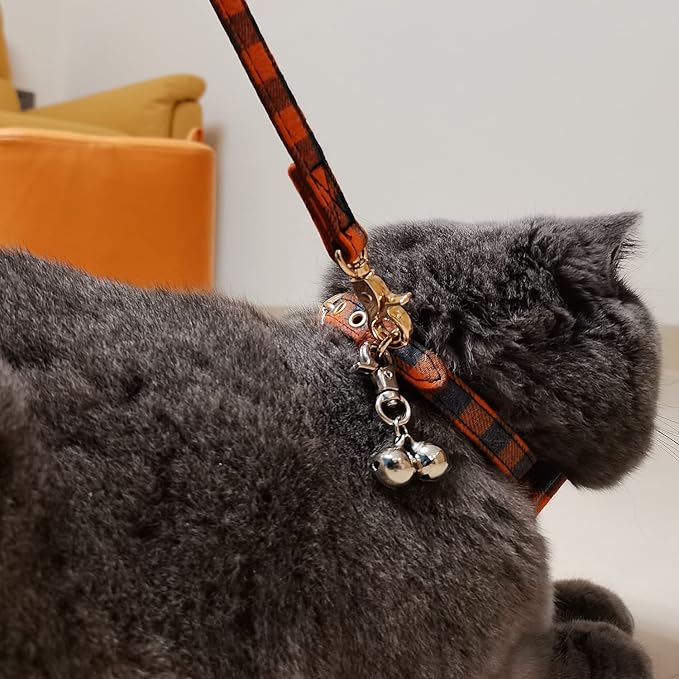 3PCS Bow Tie Dog Collar and Leash Set Plaid/Camo/Dots/Flower Dog Bandanas with Bell 3 Size Adjustable for Small Dogs Puppies and Cats (XS, Orange Plaid)