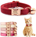 Personalized Non-Breakaway Cat Collar with Name, Luxury Soft Velvet Custom Engraved Name Collar with Bell for Kittens & Cats (Red, L (7.5-12.5 inches))