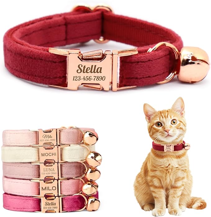 Personalized Non-Breakaway Cat Collar with Name, Luxury Soft Velvet Custom Engraved Name Collar with Bell for Kittens & Cats (Red, L (7.5-12.5 inches))