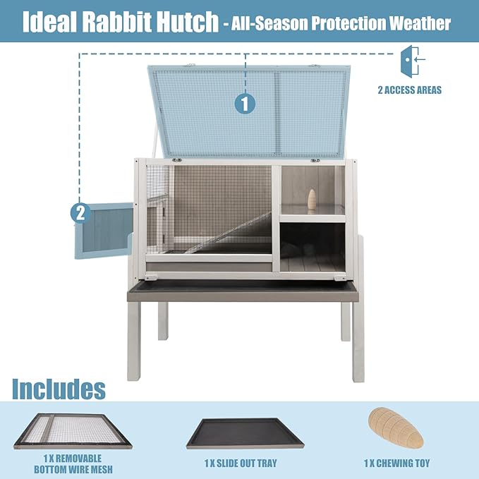 Gowoodhut Elevated Guinea Pig Cage 36.6" H Wooden Outdoor Rabbit Hutch with Wire Netting Above The Pull Out Tray, Detachable Legs Hamster Cage Pet House for Small Animals, Grey