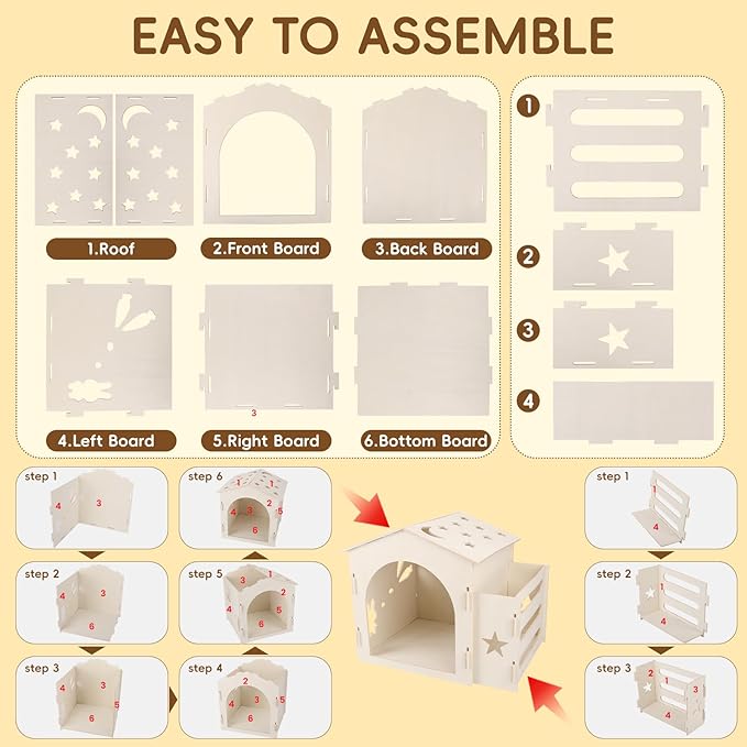 Medium Rabbit Castle, Wooden Bunny House & Hay Feeder, Detachable Rabbit Hideaway, Indoor Hamster Castle, Small Animal Houses & Habitats for Guinea Pig Chinchilla Ferret(1 House with Feeder)