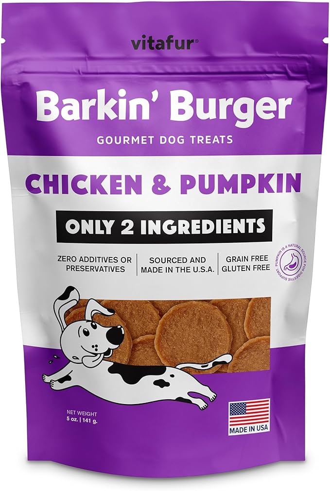 Barkin Burger - Only 2 Premium Ingredients. All Natural Dog Treats - Grain Free, Free from Fillers and Preservatives - Perfect for Sensitive Stomachs, Made in USA (5oz, Chicken & Pumpkin)