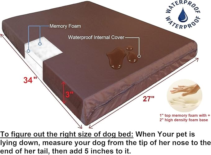 Dogbed4less Gel Cooling Memory Foam Dog Bed for Small to Medium Large Pet with Waterproof Internal Cover, Oxford Dark Slate 34X27X3 Inches