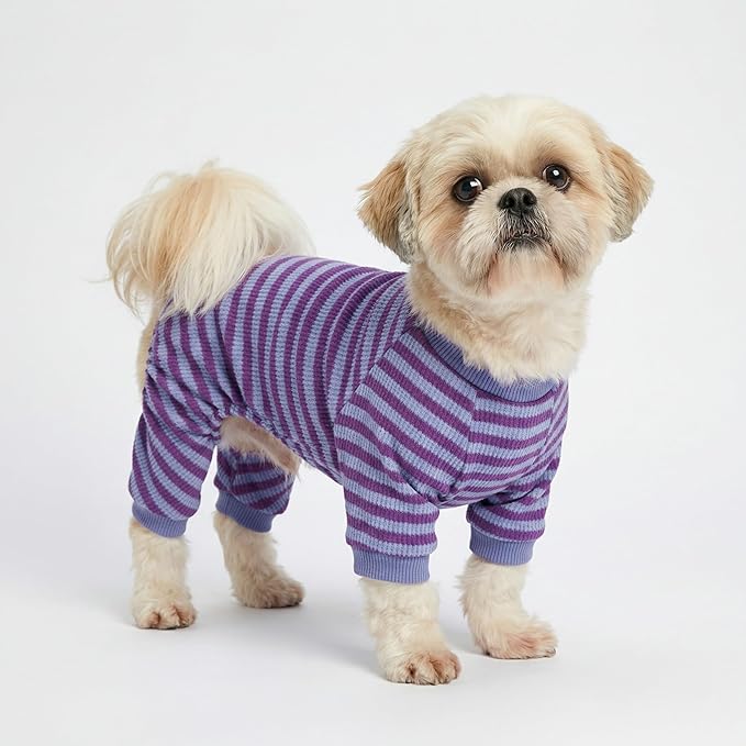 Fitwarm Purple and Violet Striped Dog Pajamas, Waffle Dog Clothes for Small Dogs Girl Boy, Puppy Onesie with Feet, Pet Cat Outfit, Small