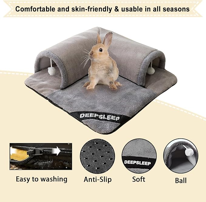 Rabbit Tunnel Bed with Removable Plush Mat - Soft Hideout & Play Tube for Bunnies, Guinea Pigs, Chinchillas, Cats, Bunny-Cozy Small Pet Toy, Grey (Grey, Large-23"x23"x1")
